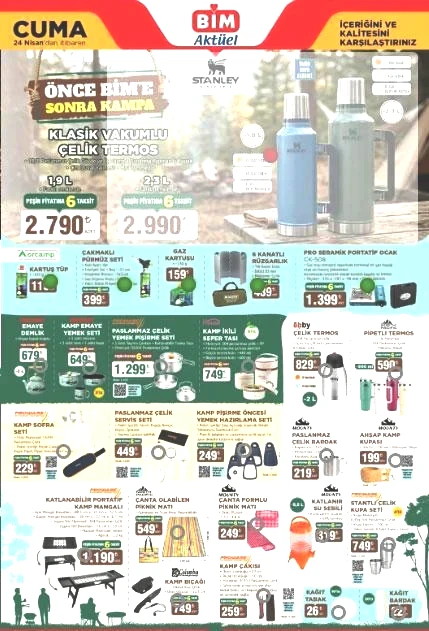 YENİ AFİŞ BİM AKTÜEL KATALOG 24 NİSAN CUMA: Yepyeni ürünler Cuma günü satışa çıkıyor BİM aktüel katalog afişi ürünleri Portatif klima, 6 kişilik çadır, kamp malzemeleri, Stanley termos, katlanabilir kamp masası...