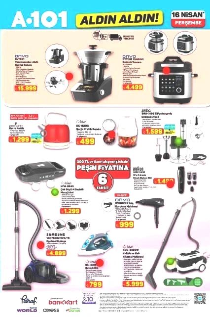 BUGÜN RAFLARDA SATIŞTA A101 AKTÜEL KATALOG: 16 Nisan Perşembe A101 Hangi ürünler indirimde A101 Afiş | Elektrikli düdüklü tencere, Akıllı mutfak robotu, Yüksek basınçlı yıkama makinesi, Piyano...